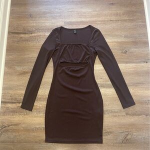 Shein Ribbed Cut Out Brown Long Sleeve Short Dress